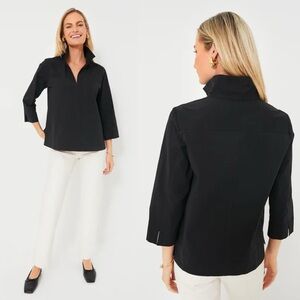 Black Cotton Stand Collar Top | Classic Minimalist Wardrobe Staple (S)